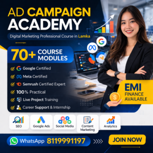 create image on ui design, ad campaign academy - digital marketing professional course in lamka, offer 70+ course modules, google, meta, semrush certified expert, 100% practical, live project, EMI Finance available, size 1080 into 1080, whatsapp 8119991197
