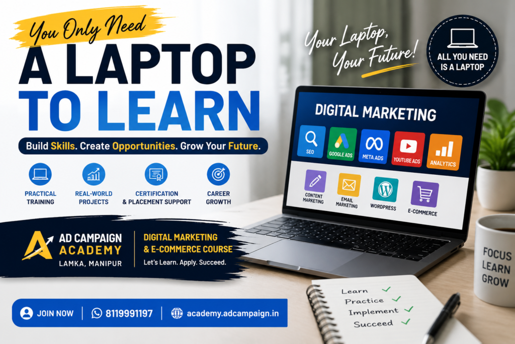 "Students learning Google Digital Marketing and E-commerce at Ad Campaign Academy in Lamka, Manipur."