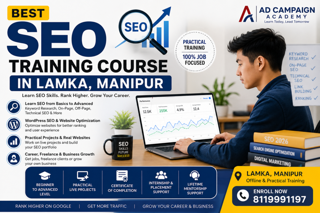 Students learning practical SEO techniques at Ad Campaign Academy in Lamka, Manipur using WordPress, Google Search Console, and keyword research tools.