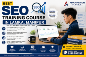 Students learning practical SEO techniques at Ad Campaign Academy in Lamka, Manipur using WordPress, Google Search Console, and keyword research tools.